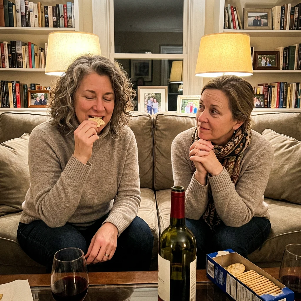 Two women in their 50s at a book club gathering, one casually eating crackers while the other watches with curious hope