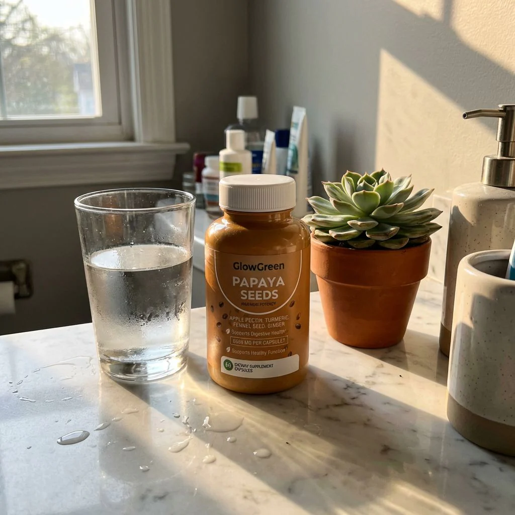 Clean bathroom counter with just one green supplement bottle, a glass of water, and a small plant — replacing the supplement graveyard