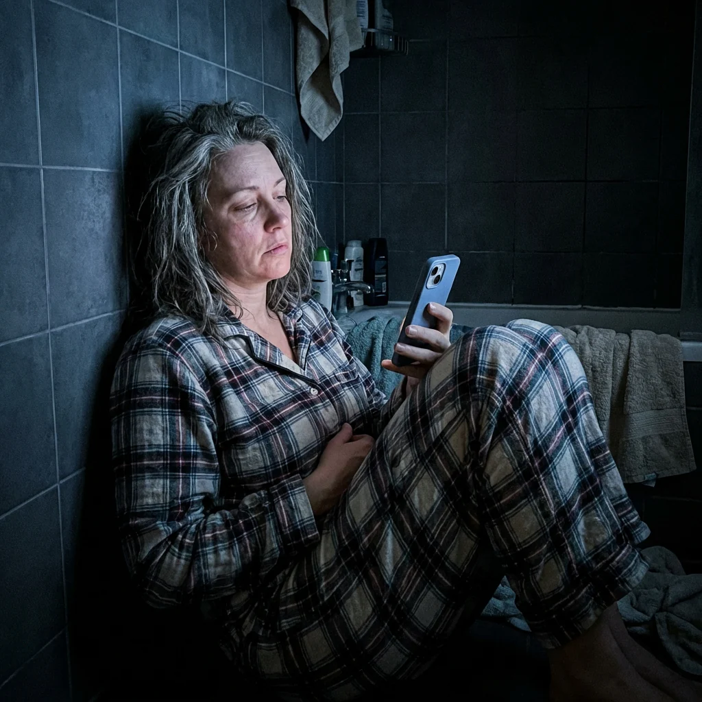 Woman sitting on bathroom floor at night, phone glowing in her hand, searching for answers about her digestion problems