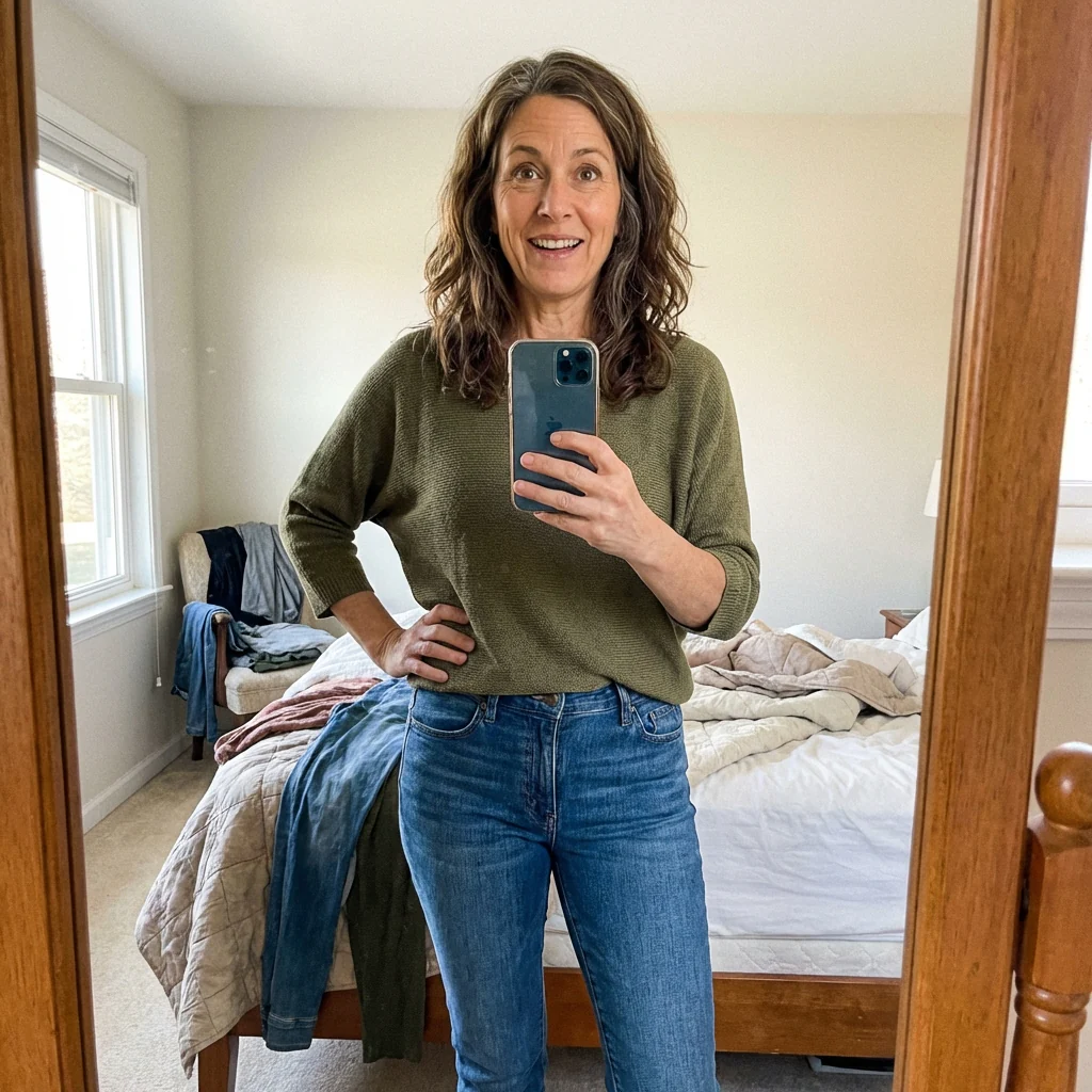 Woman in her 50s trying on jeans in her bedroom mirror with a surprised happy smile — they fit again