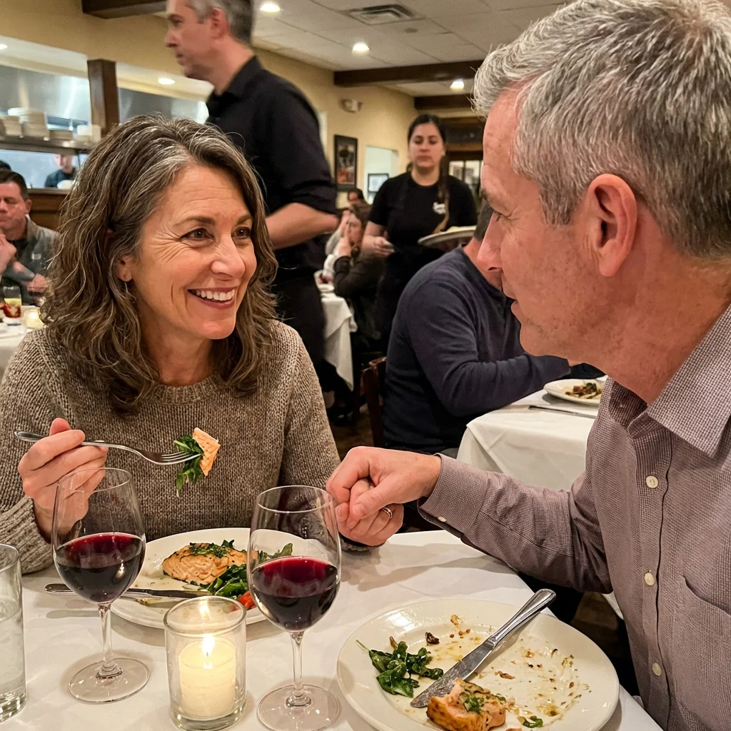 Woman in her 50s eating salmon at a restaurant with her husband, smiling naturally — eating without fear for the first time in months