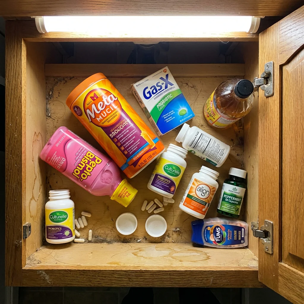 Open bathroom cabinet revealing a cluttered mess of supplement bottles, probiotics, fiber powder, and antacids — eleven months of failed solutions